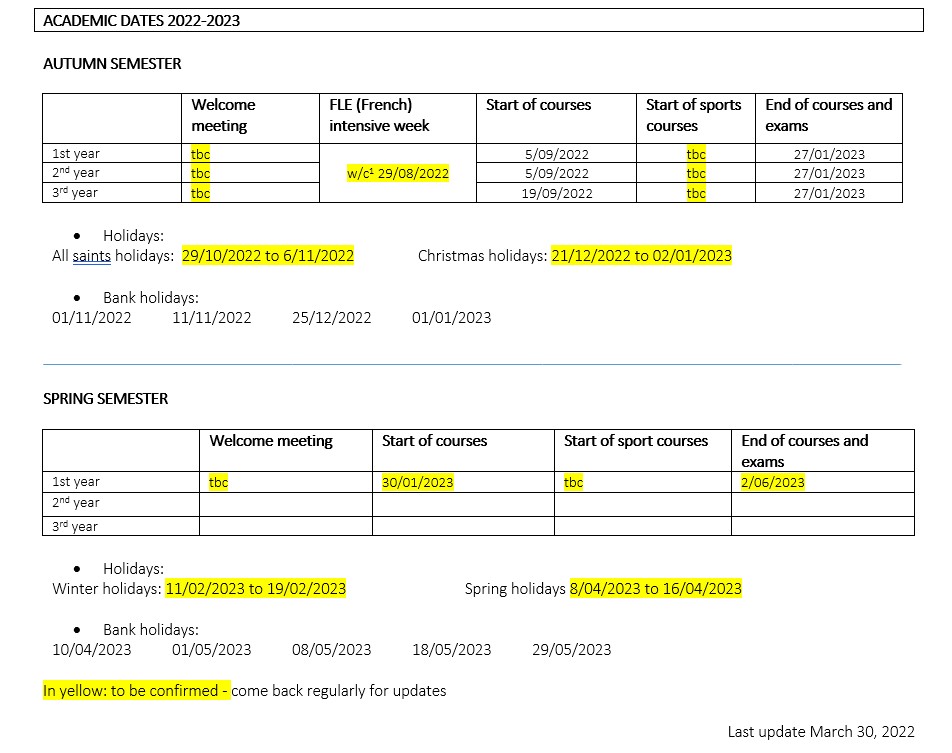 Academic dates 2021-2022